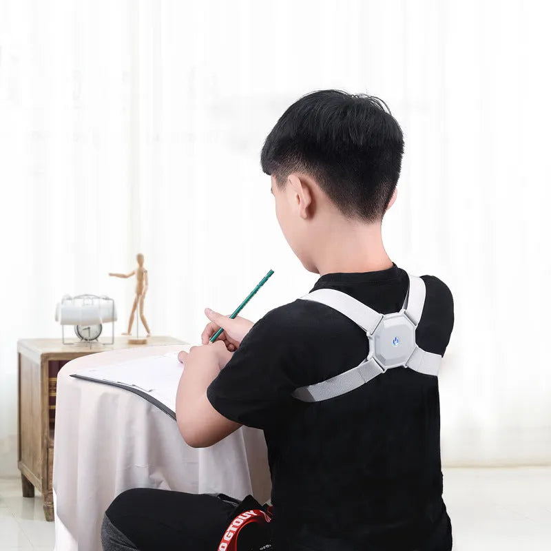 Gray adjustable smart posture corrector belt for kids and adults with real-time assessment, 210g