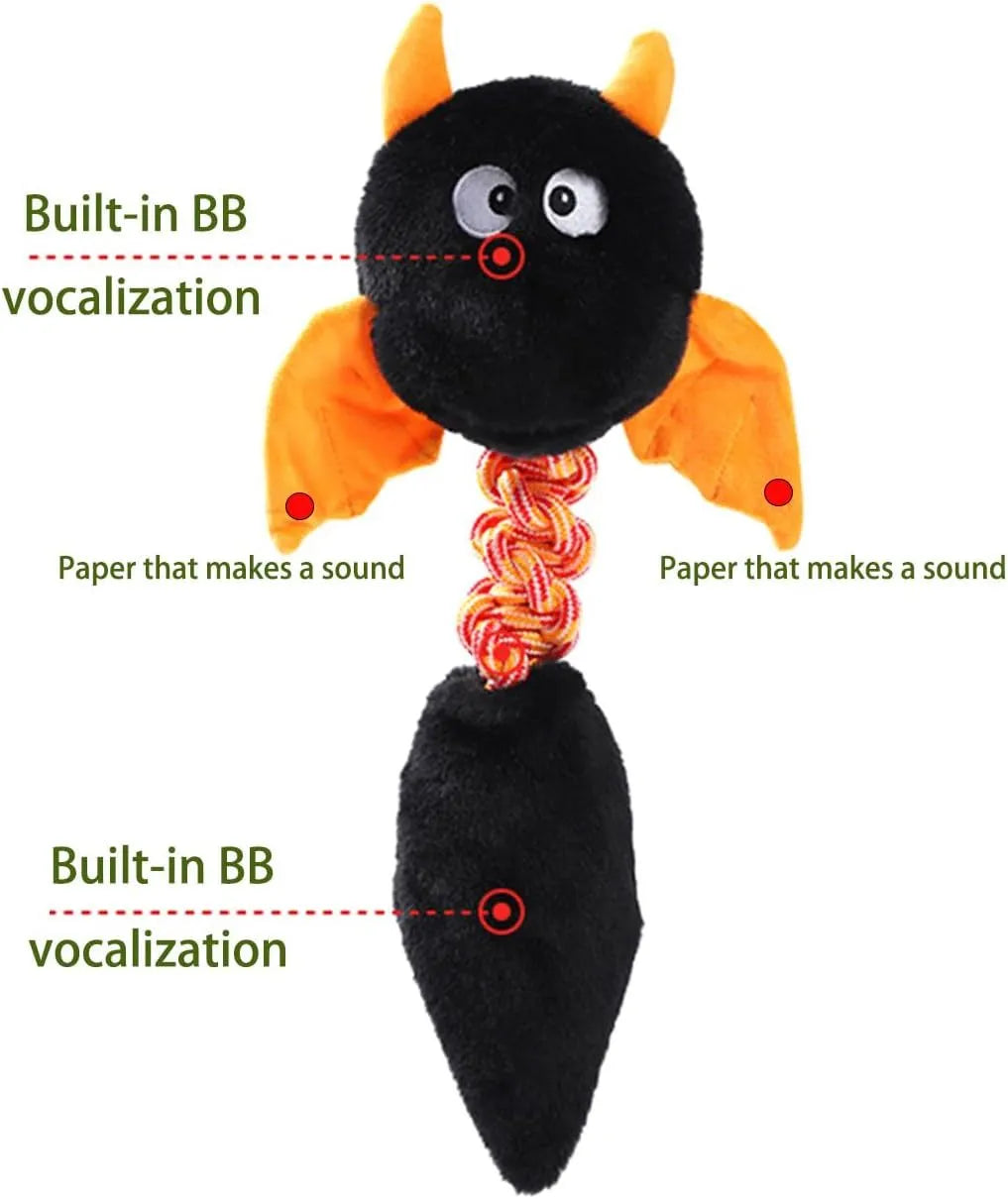Cartoon-style plush dog toy with a chew rope, shown in black, green, or red colours.