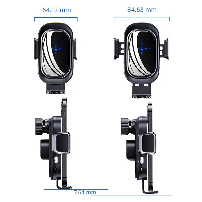 Black 08 induction car wireless charger with suction cup holder and air outlet clip, QI standard, 15W output