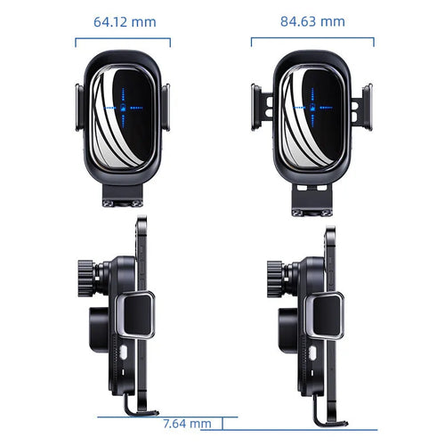 Black 08 induction car wireless charger with suction cup holder and air outlet clip, QI standard, 15W output