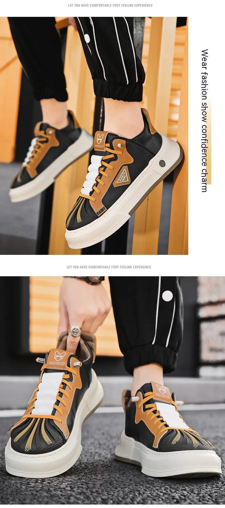 Men's beige and black low-top casual sneakers with an elastic band and round toe.