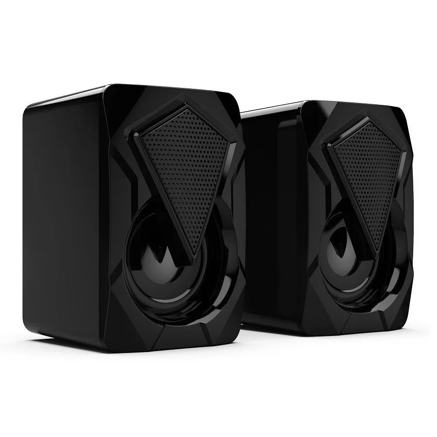 X2 RGB USB desktop multimedia speaker pair with extra bass, wired connection, and colourful lighting on a desk