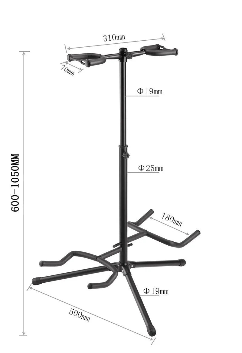 Black iron vertical double-headed guitar stand for acoustic or electric instruments