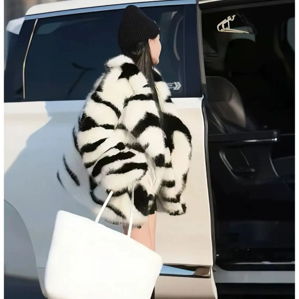 Women's zebra stripe faux fur long sleeve top with oversized collar