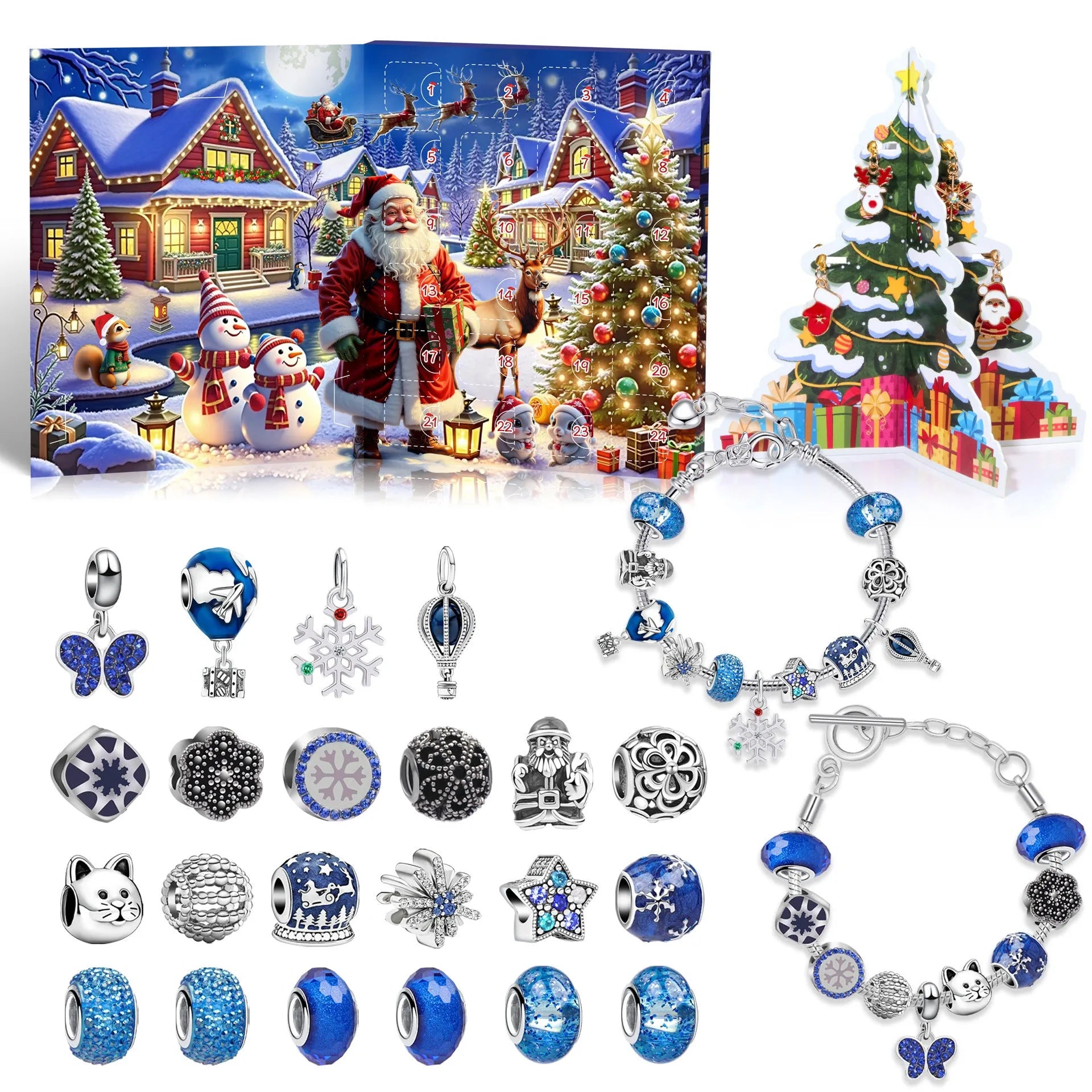 24 grid Christmas advent calendar in blue with flip doors and zinc alloy bracelet blind boxes
