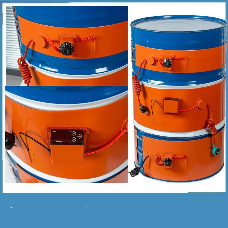 Silicone rubber heating belt wrapped around a 200-litre oil drum with digital display control.