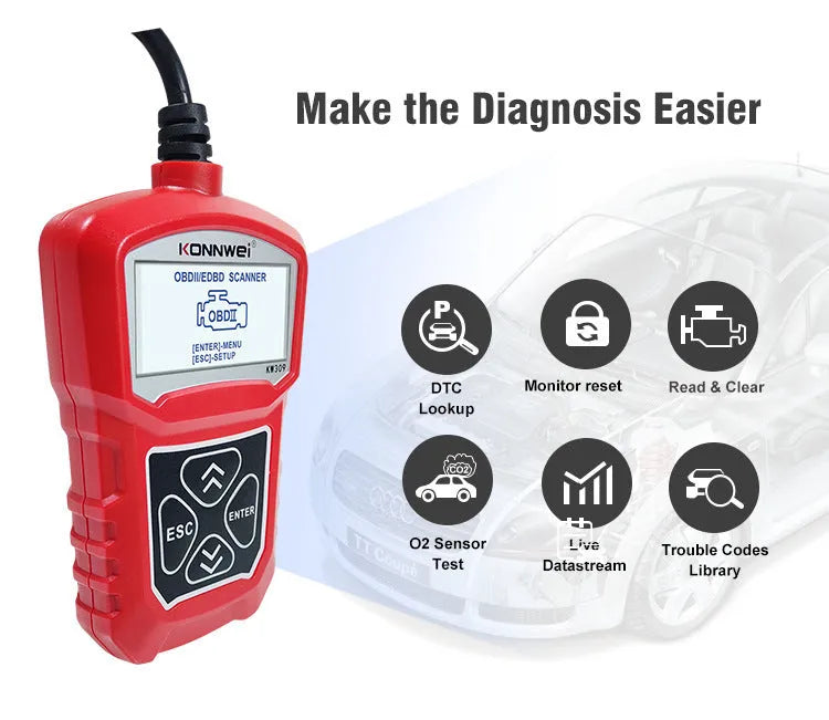 KW310 12V car diagnostic scanner fault code reader tool in black or red