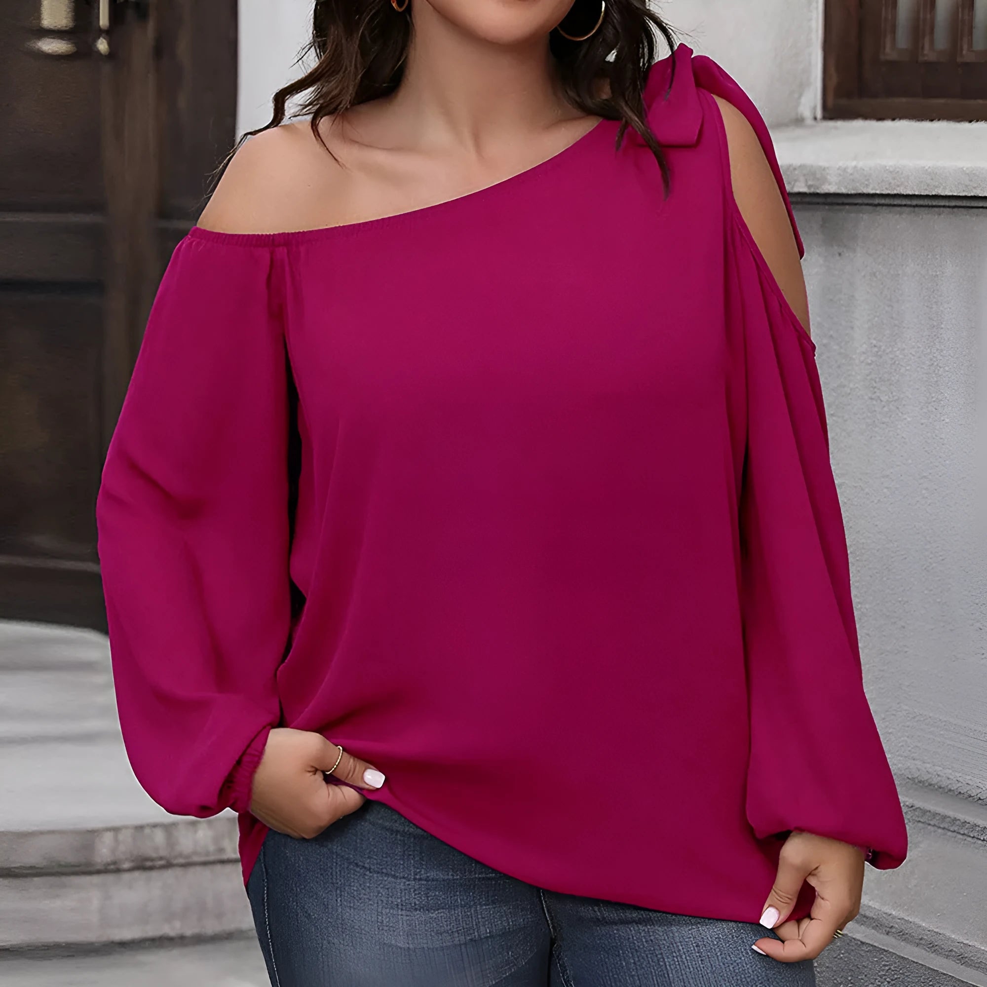Women's loose fit rose red pullover top with bow detail, hollow-out knit texture, and long sleeves