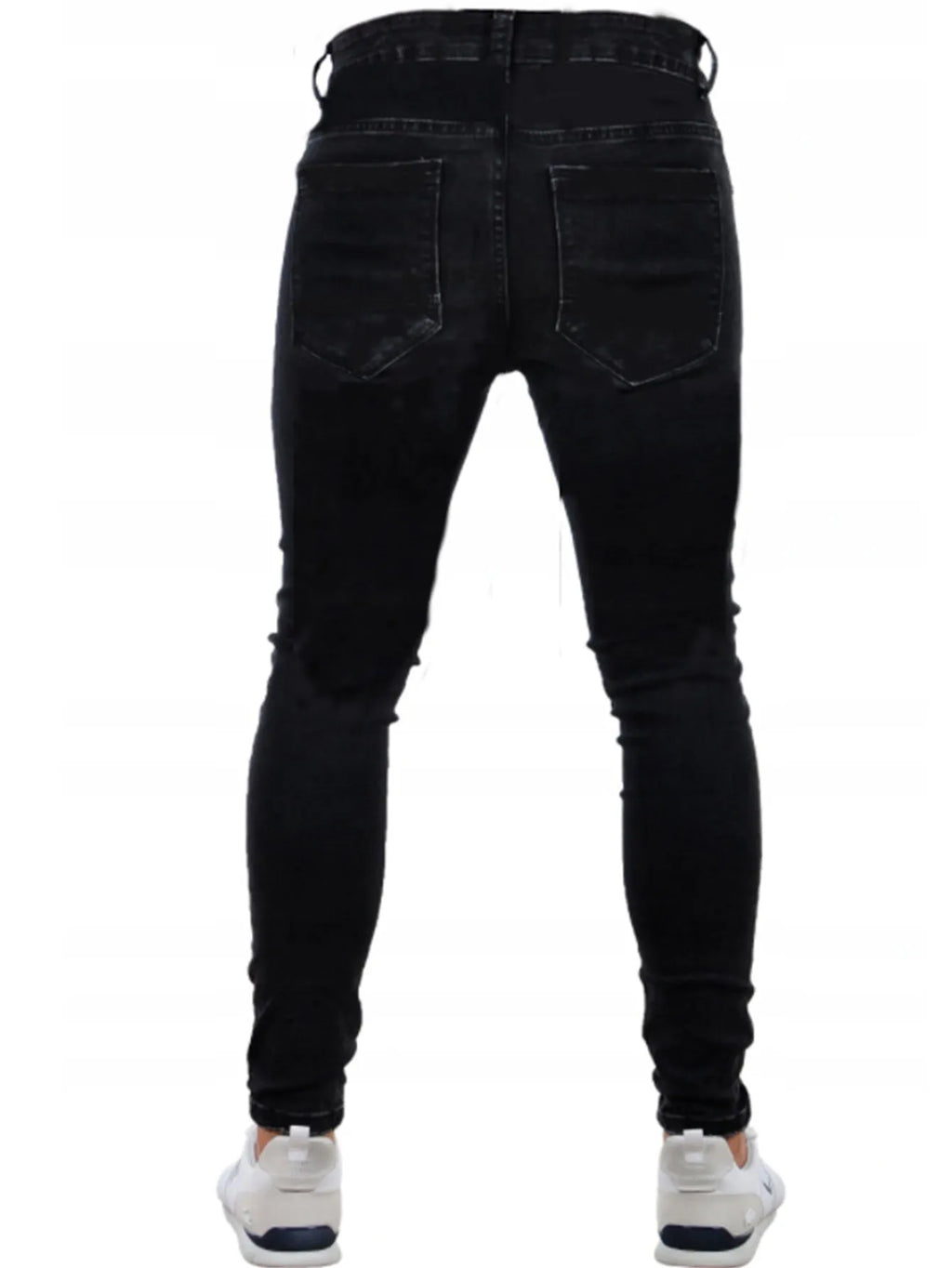 Men's ripped black slim-fit high elasticity cotton denim trousers, mid waist, sizes 28-36