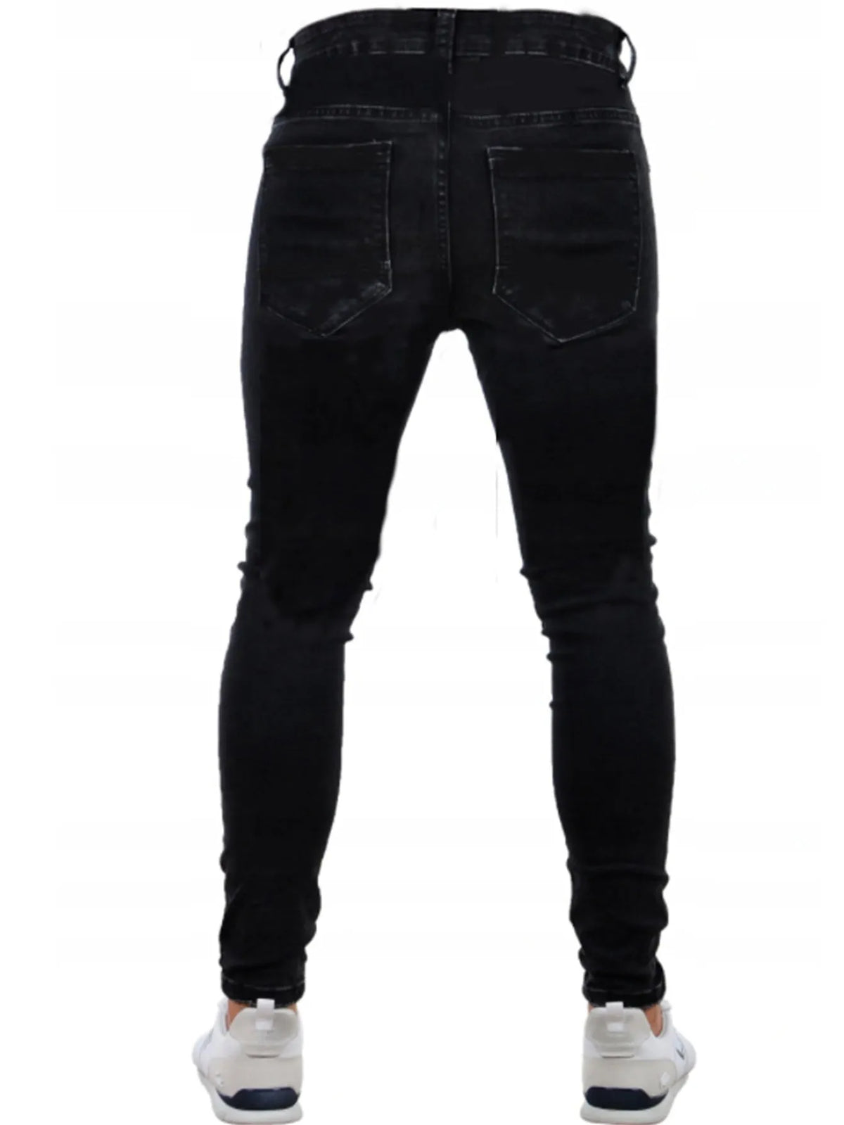 Men's ripped black slim-fit high elasticity cotton denim trousers, mid waist, sizes 28-36