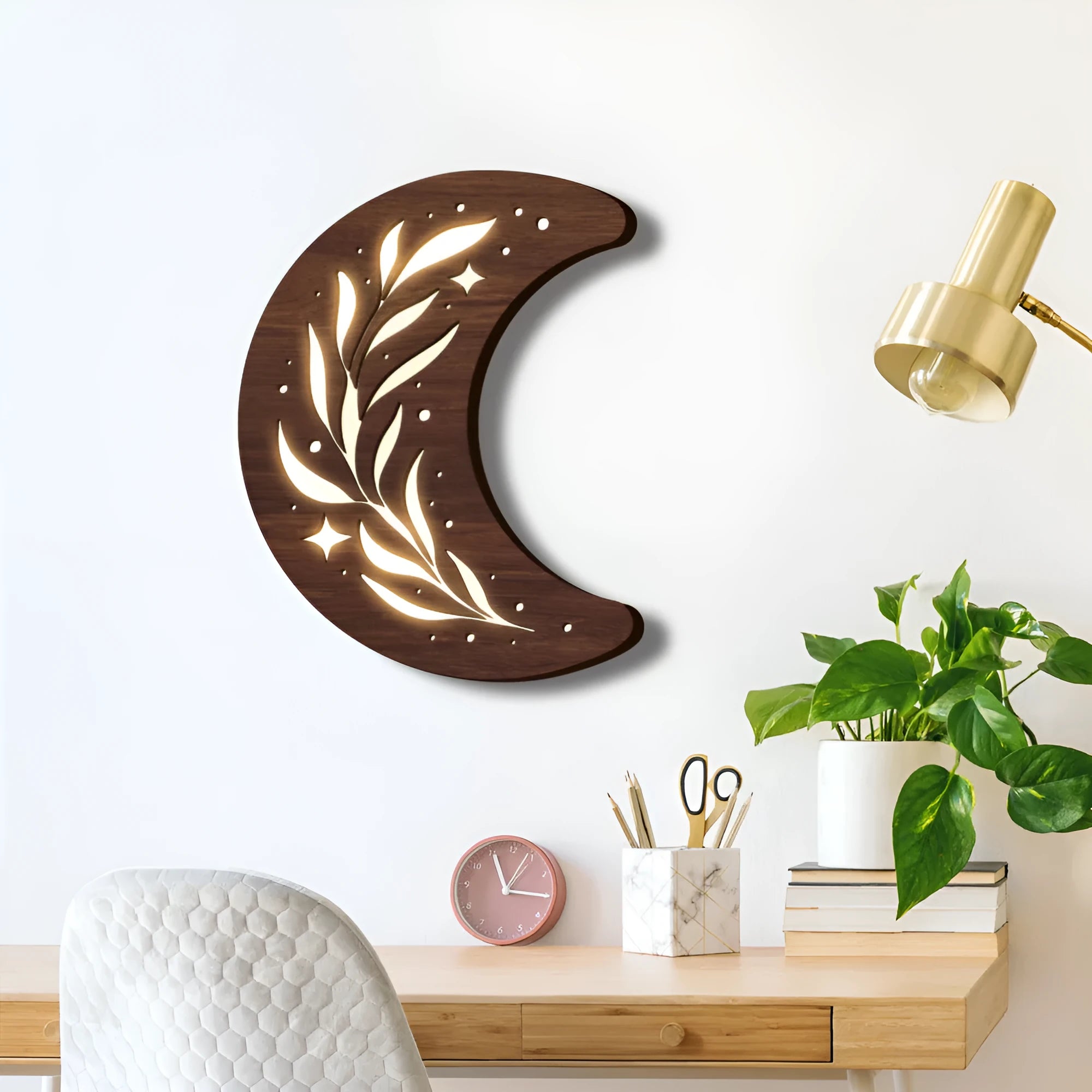 Bohemian style three-dimensional carved wooden leaf crescent pendant lamp with luminous night light.