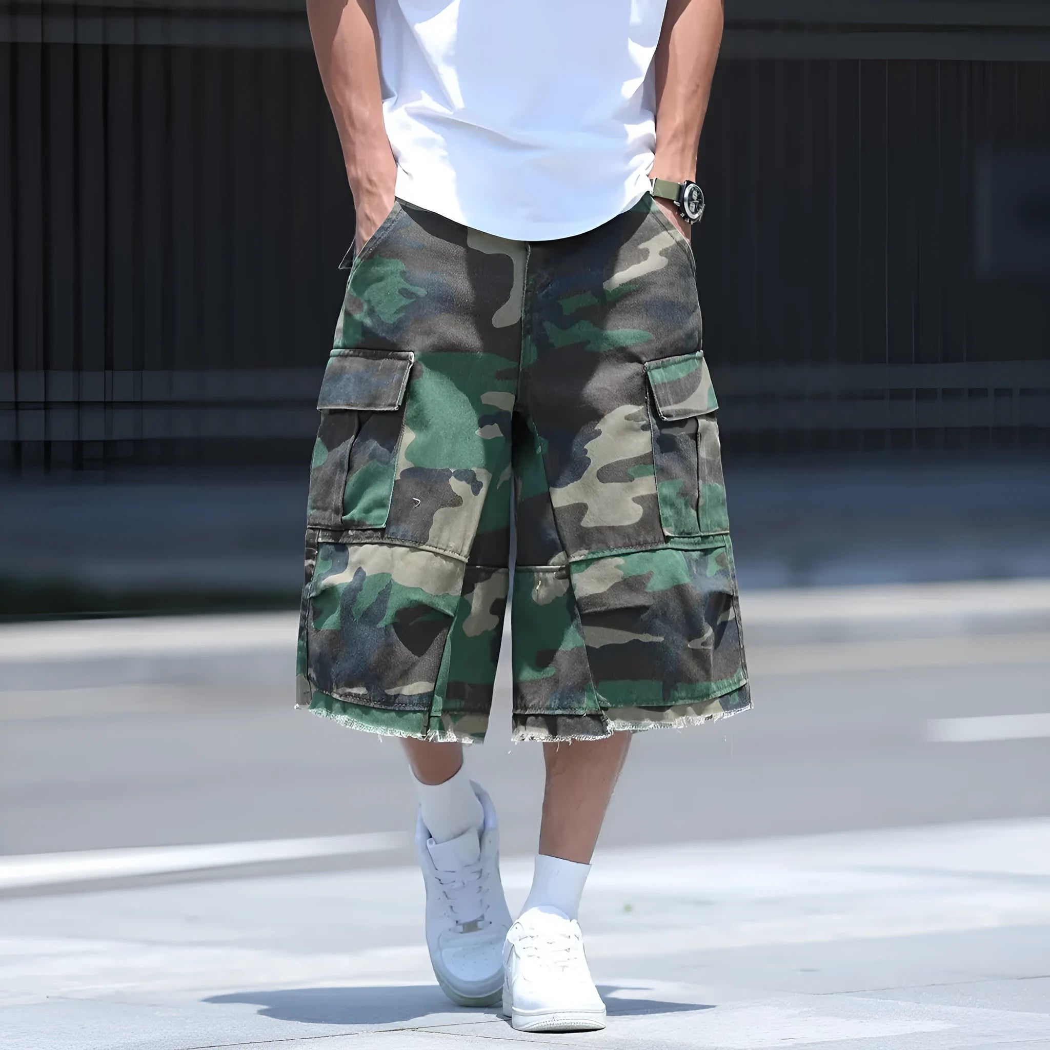 American retro workwear style camouflage shorts in loose-fit cropped design for summer wear
