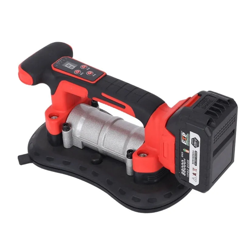 Cordless battery-powered automatic tile laying machine with batteries and charger for floors and walls.