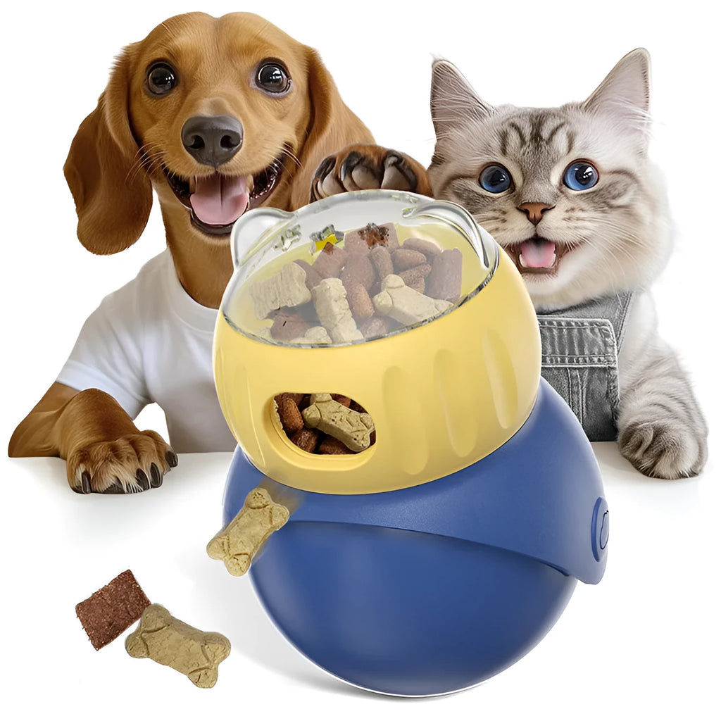 Morandi yellow and blue plastic owl-shaped cat puzzle feeder toy on a wooden floor.