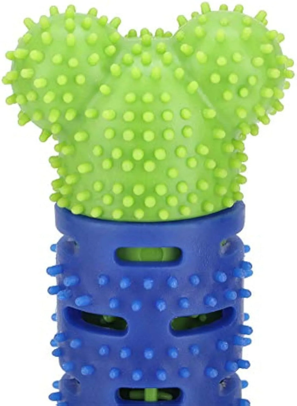 Blue green silicone dog toothbrush chew toy with bristles and nodules for teeth cleaning.