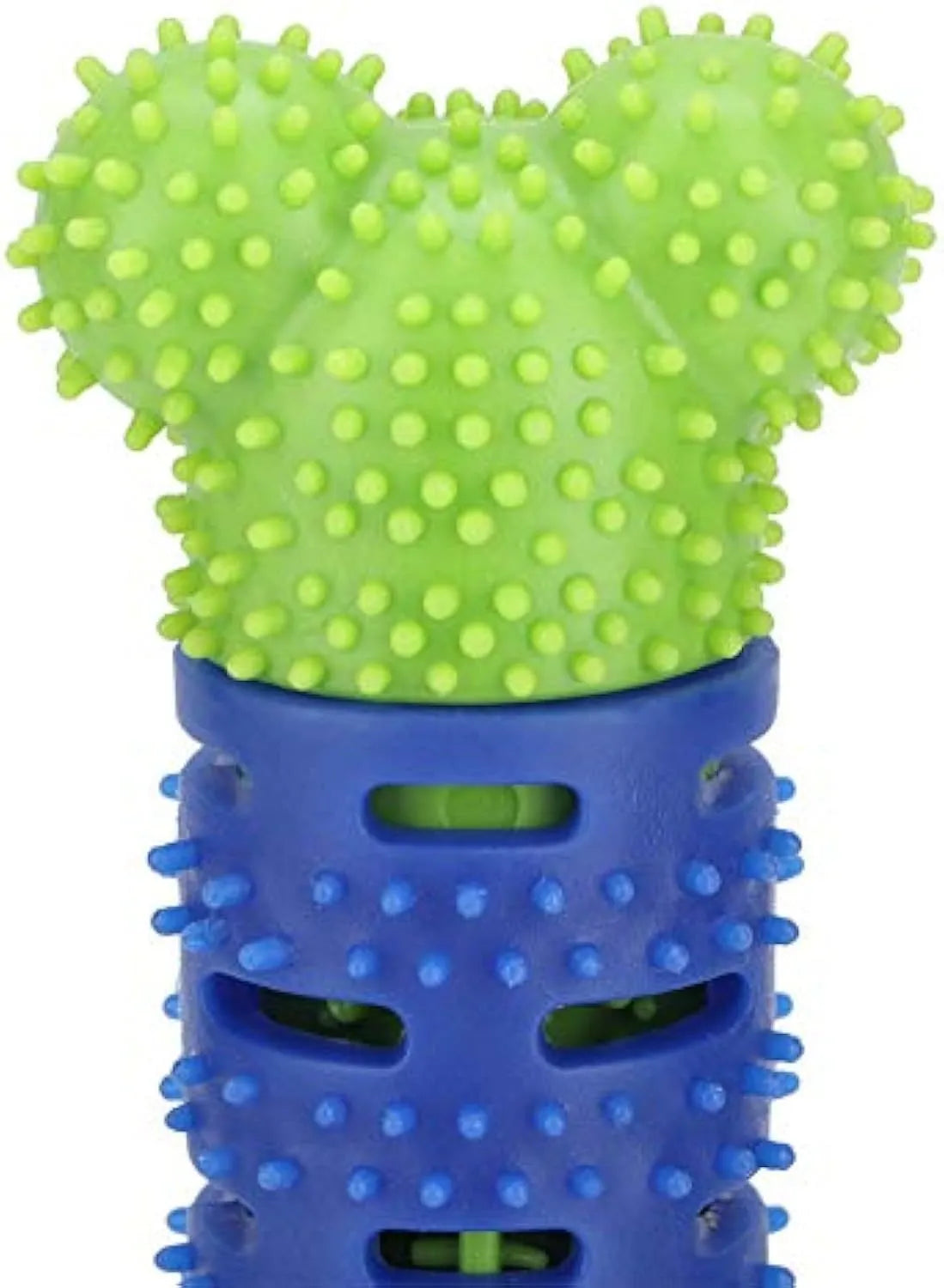 Blue green silicone dog toothbrush chew toy with bristles and nodules for teeth cleaning.