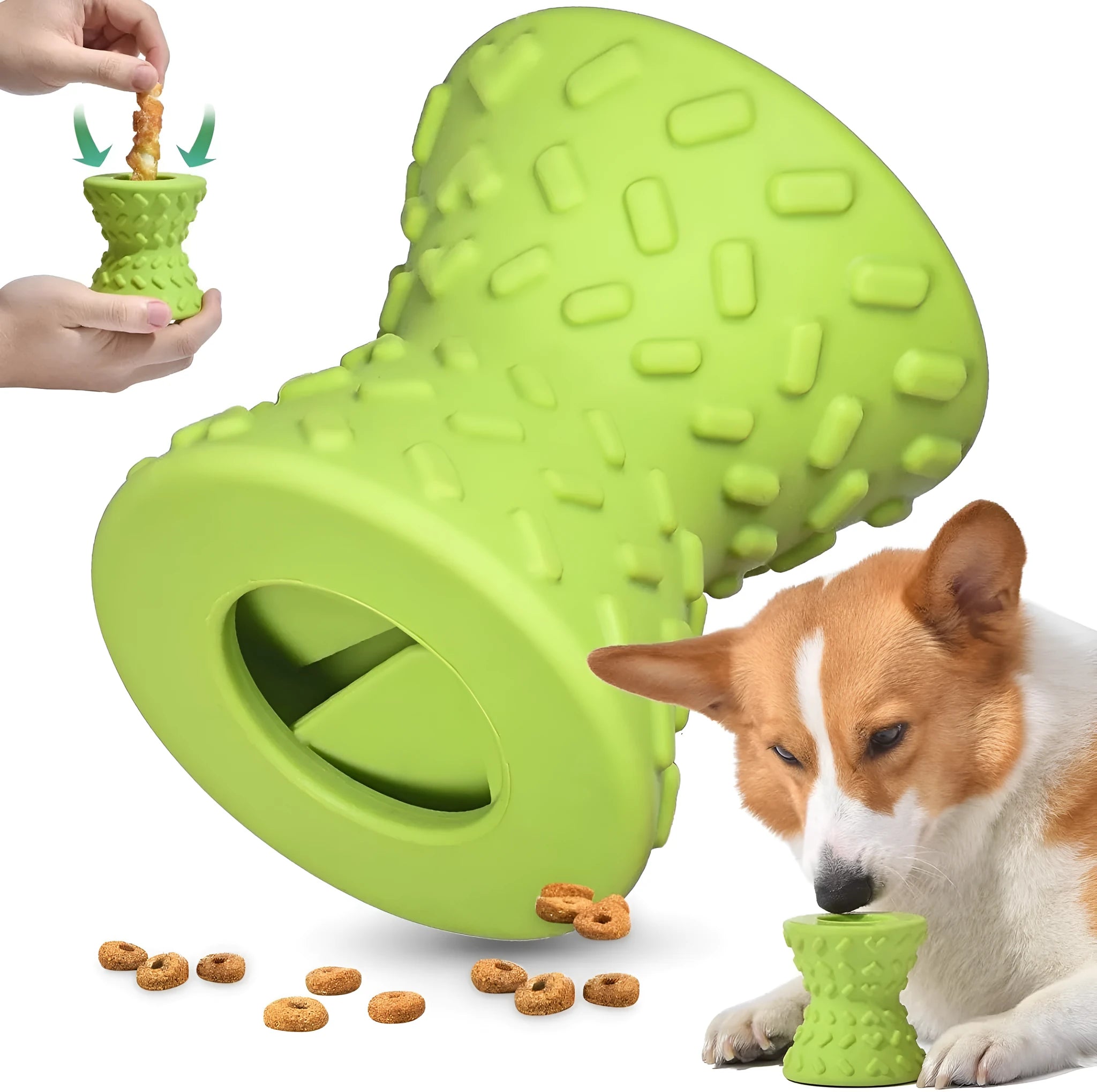 Blue natural rubber dog chew toy with hollow centre and treat leakage holes.