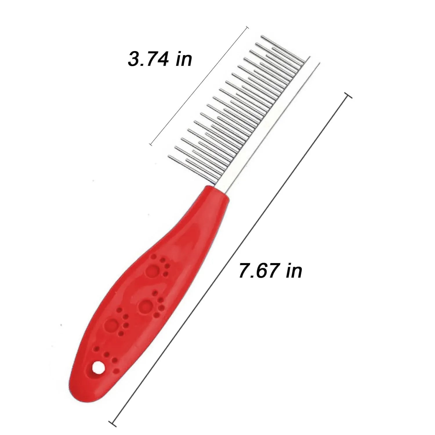 Red plastic handle pet grooming comb with short and long stainless steel detangling teeth.