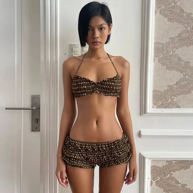 Women's brown polka dot contrast colour shorts suit with sleeveless strap top and shorts in polyester