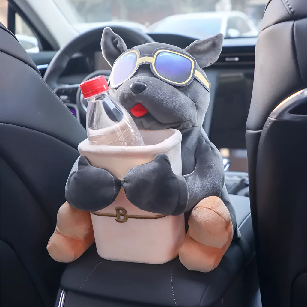 Plush car tissue box hanging from armrest showing 27x33cm dimensions and novelty dog design
