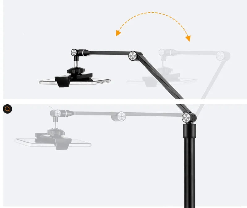 Black mobile phone tablet stand with fill light for live broadcast shooting showing folding rotation design