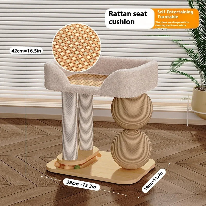 Solid pine cat nest with a round plush bed and two sisal-wrapped scratching balls on wooden columns