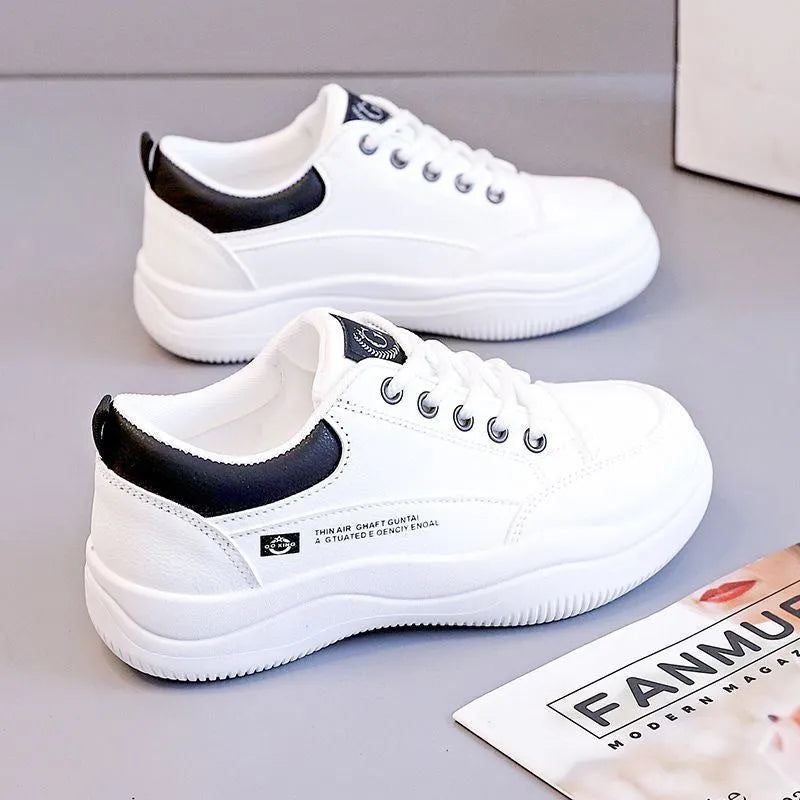 Women's Korean-style white leather shoes with cross straps and round toe