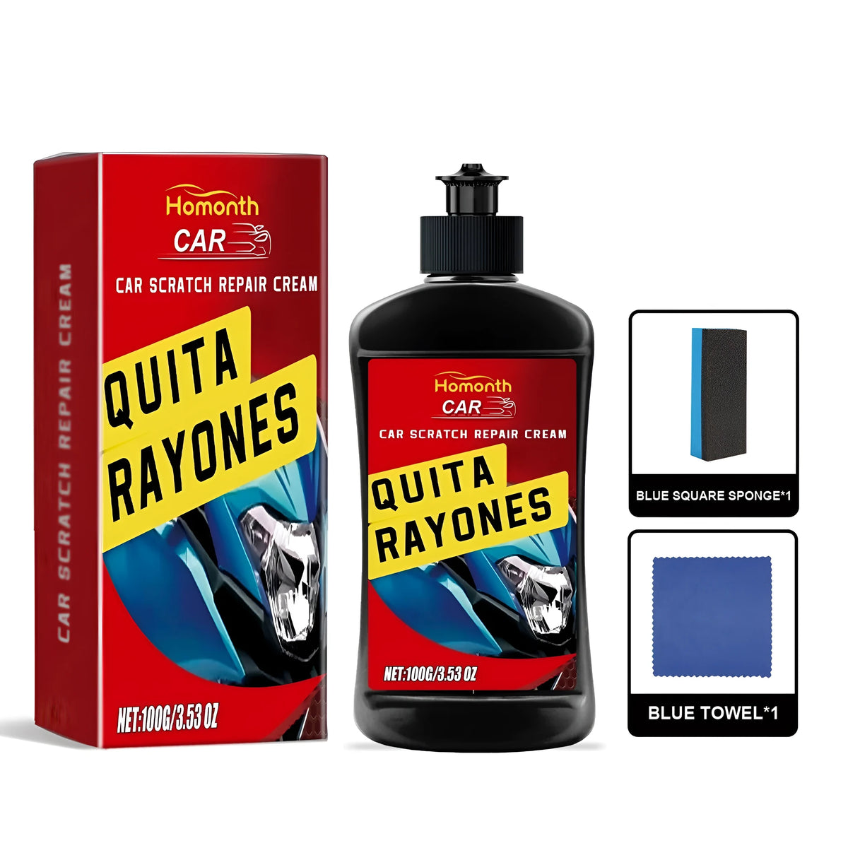 100g car scratch repair cream tube with blue towel and blue square sponge for light car paint scratches