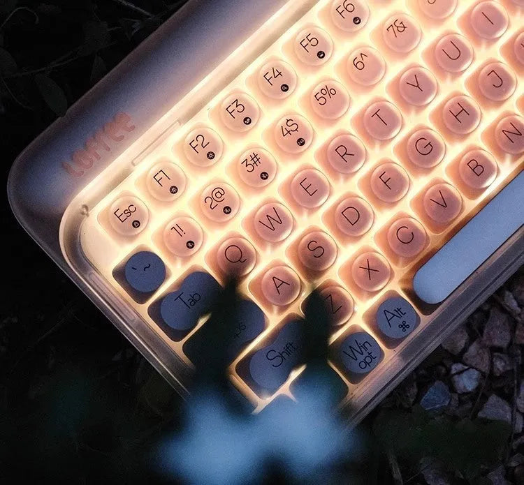 Liquid foundation colour wireless mechanical keyboard, mouse, pick-up lamp, and Bluetooth calculator set on a desk.