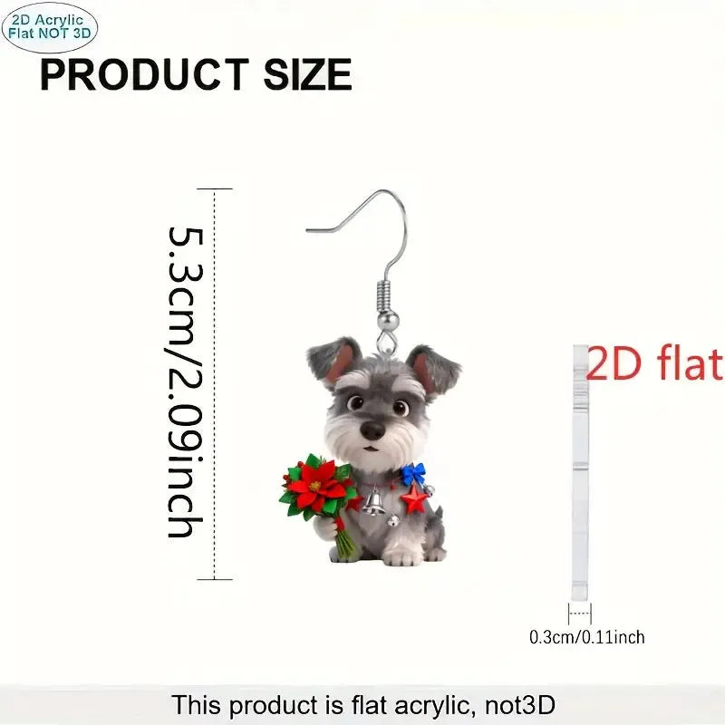 Flat cartoon acrylic Schnauzer dog earrings in Christmas style on a light background
