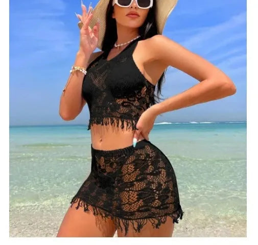 Women's white two-piece swimsuit with lace tassel beach cover-up skirt