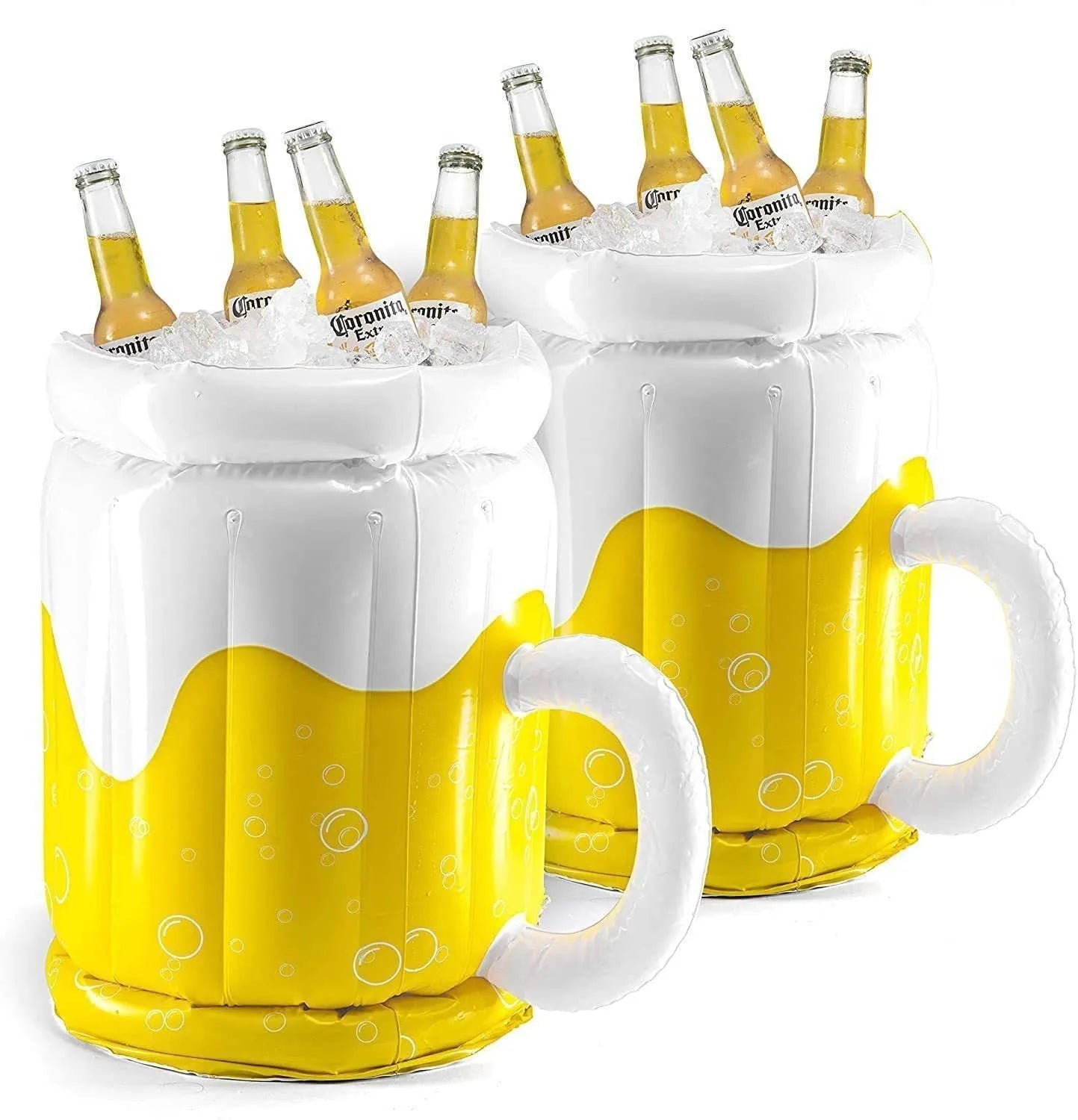 Large yellow inflatable beer mug cooler pool float with drink holders