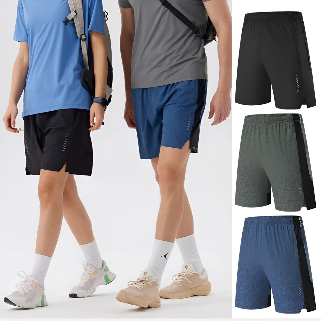 Man wearing forest green five-point single layer spandex casual shorts, showing mid-waist and shorts length fit.