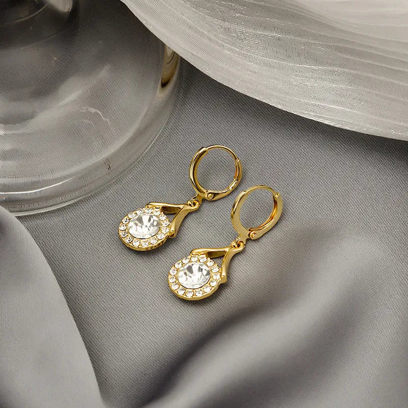 Gold grey geometric round ring earrings with rhinestone detail for women, one pair