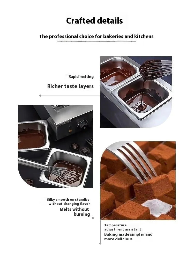 Commercial electric chocolate melting machine with double pot and digital temperature control.