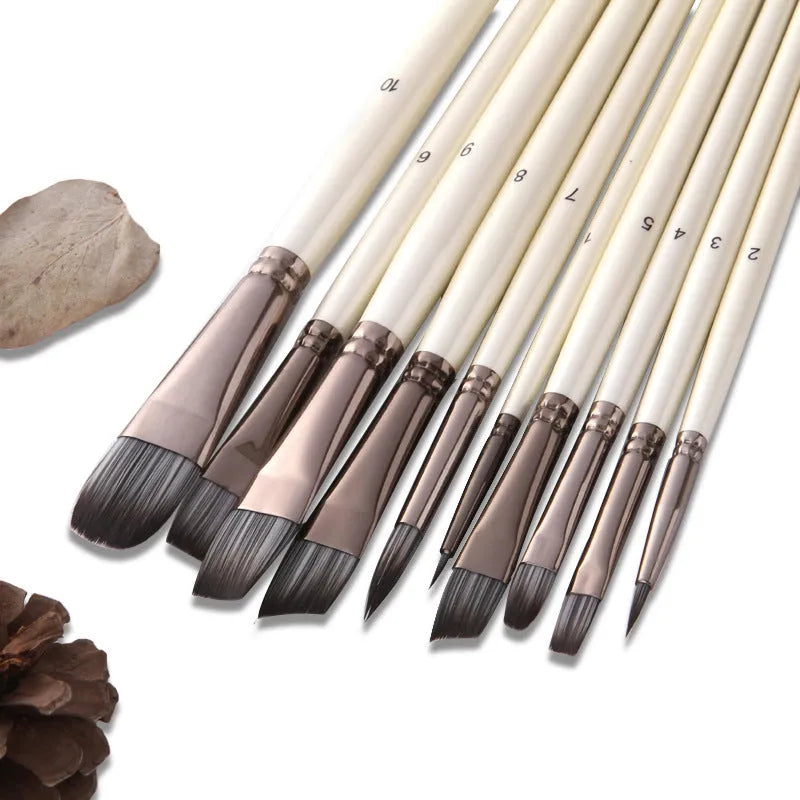 Set of 10 pearl white nylon watercolour brushes with wood handles for oil painting in PVC storage bag