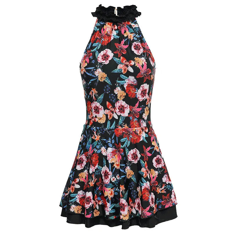 Black printed one-piece swimsuit for ladies in conservative style