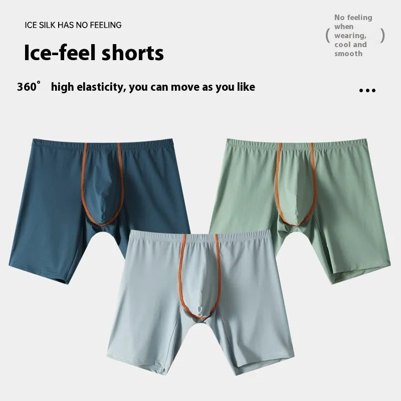 Men's ice silk nylon boxers with U convex pouch in mid-waist fit, shown in light green.