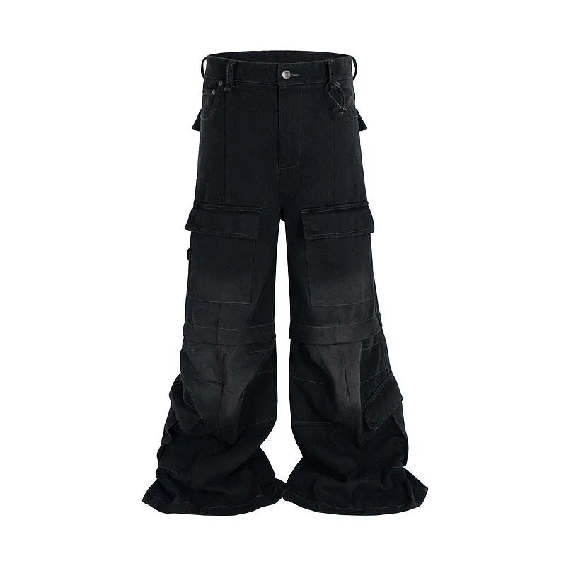 Detachable washed-out cotton overalls with multiple pockets in black or blue colours