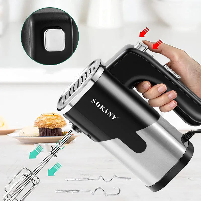 800W handheld electric mixer in black or green with stainless steel whisk components, 26 x 19cm