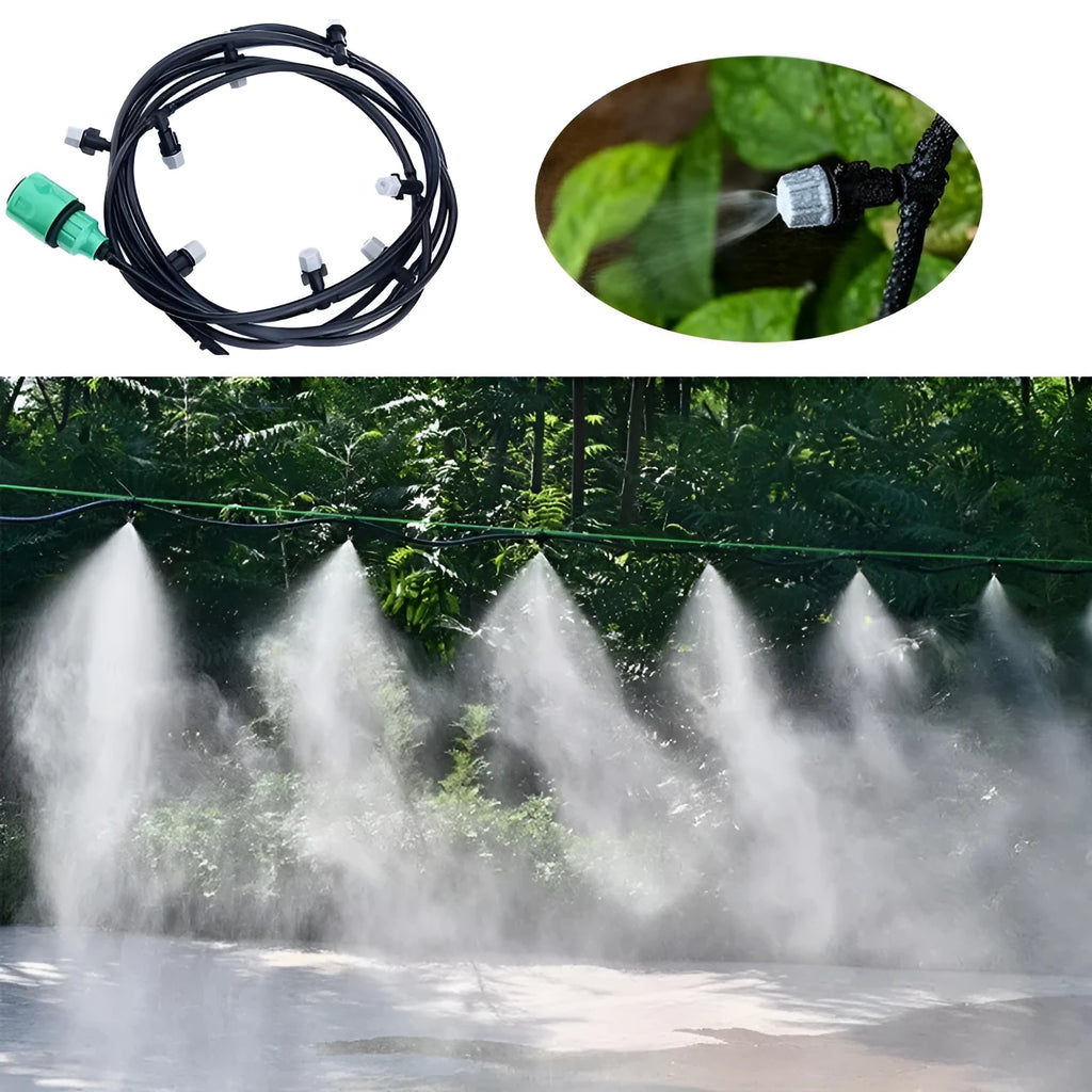 10-metre long green garden irrigation hose with 10 small micro spray heads for misting plants
