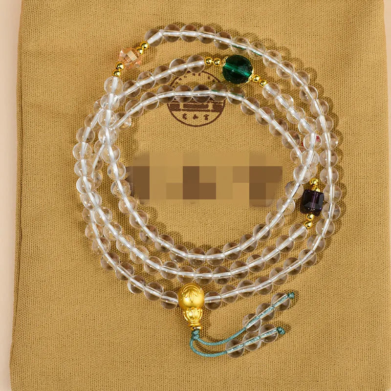 White crystal 108 bead rosary bracelet with geometric ethnic style design