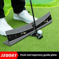 Golf putter trajectory balance simulator with adjustable push rod on a green putting mat
