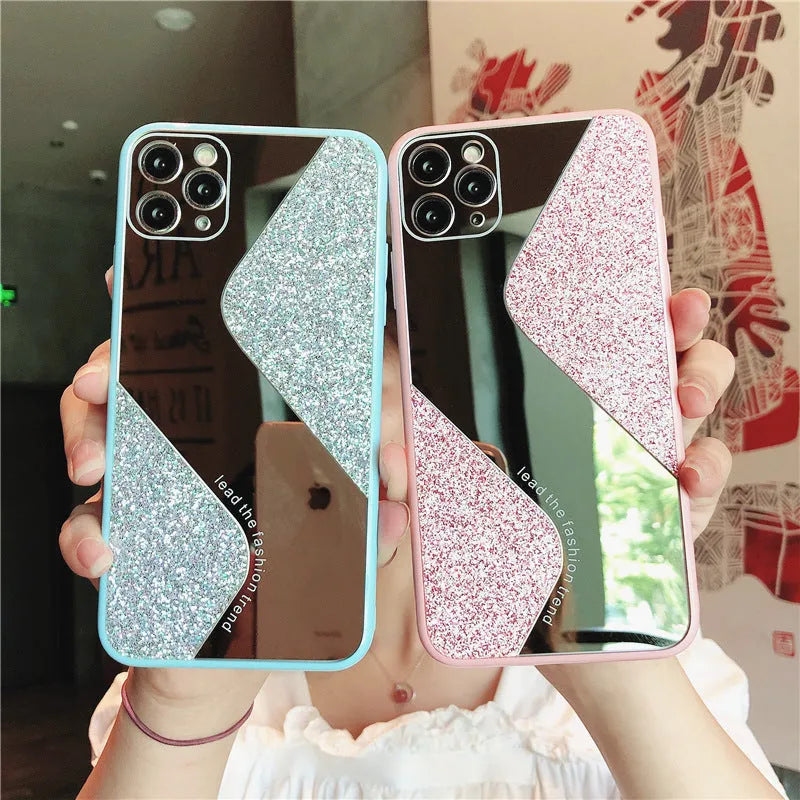 Glitter mirror iPhone case with rhinestone detailing in black, blue or pink colours