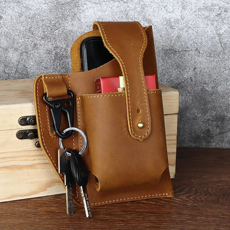 Men's retro brown leather phone hanging belt bag with car suture detailing