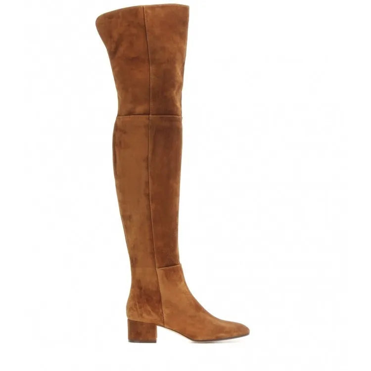 Grey suede women's flat over-the-knee boots with a pointed toe and low block heel on a white background.
