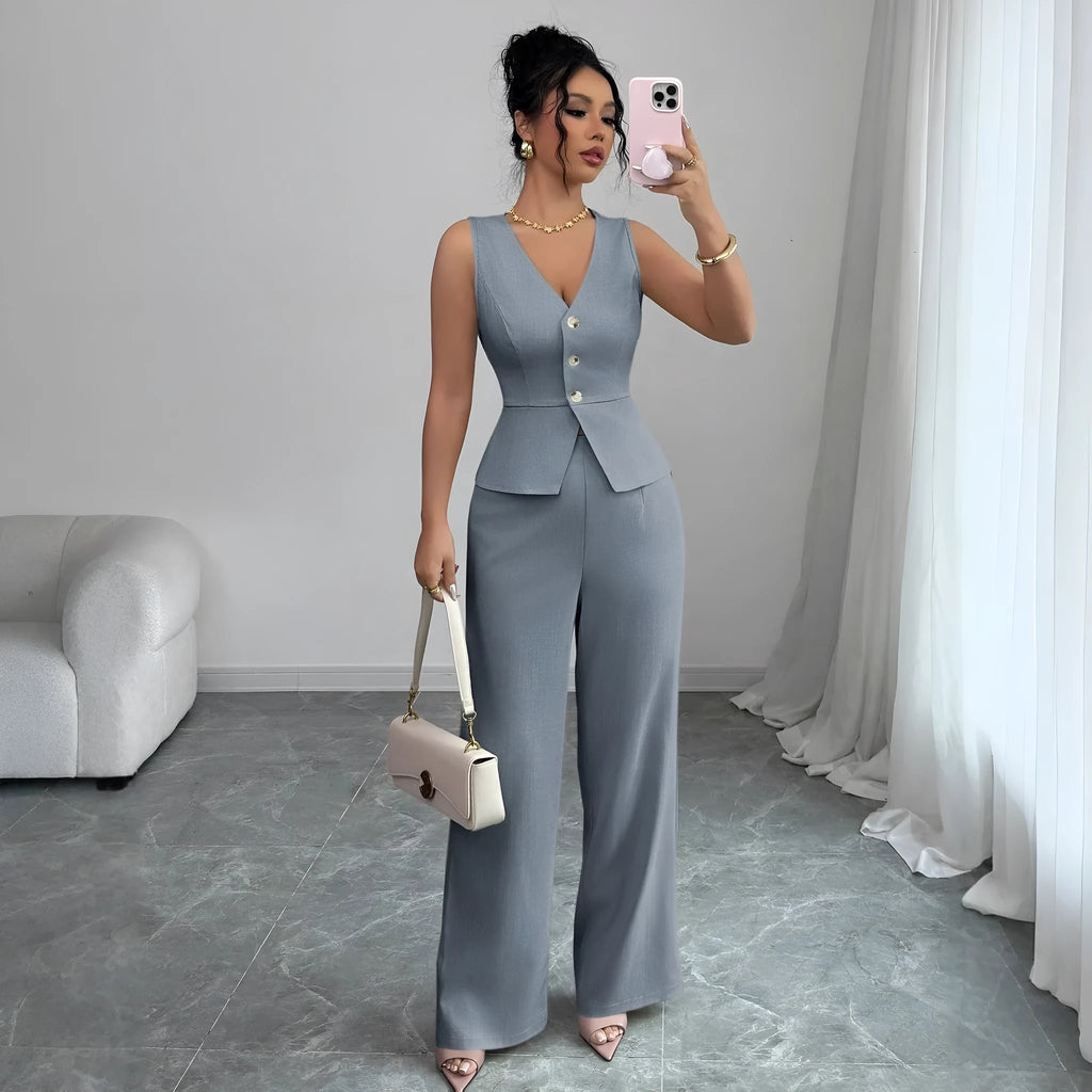 Women's black sleeveless vest and high waist trousers two-piece set on hanger