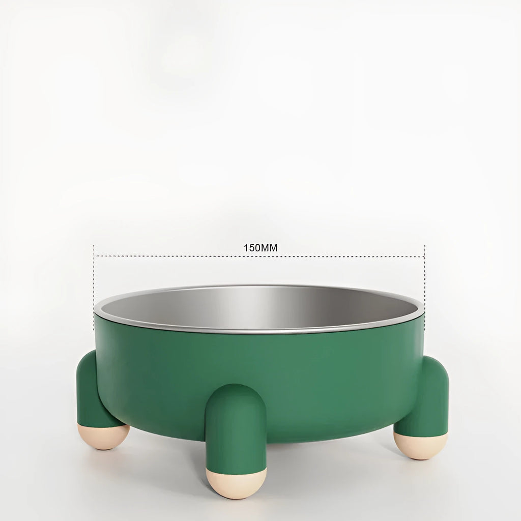 Stainless steel non-slip pet bowl with raised feet in green, pink, and white colour options.
