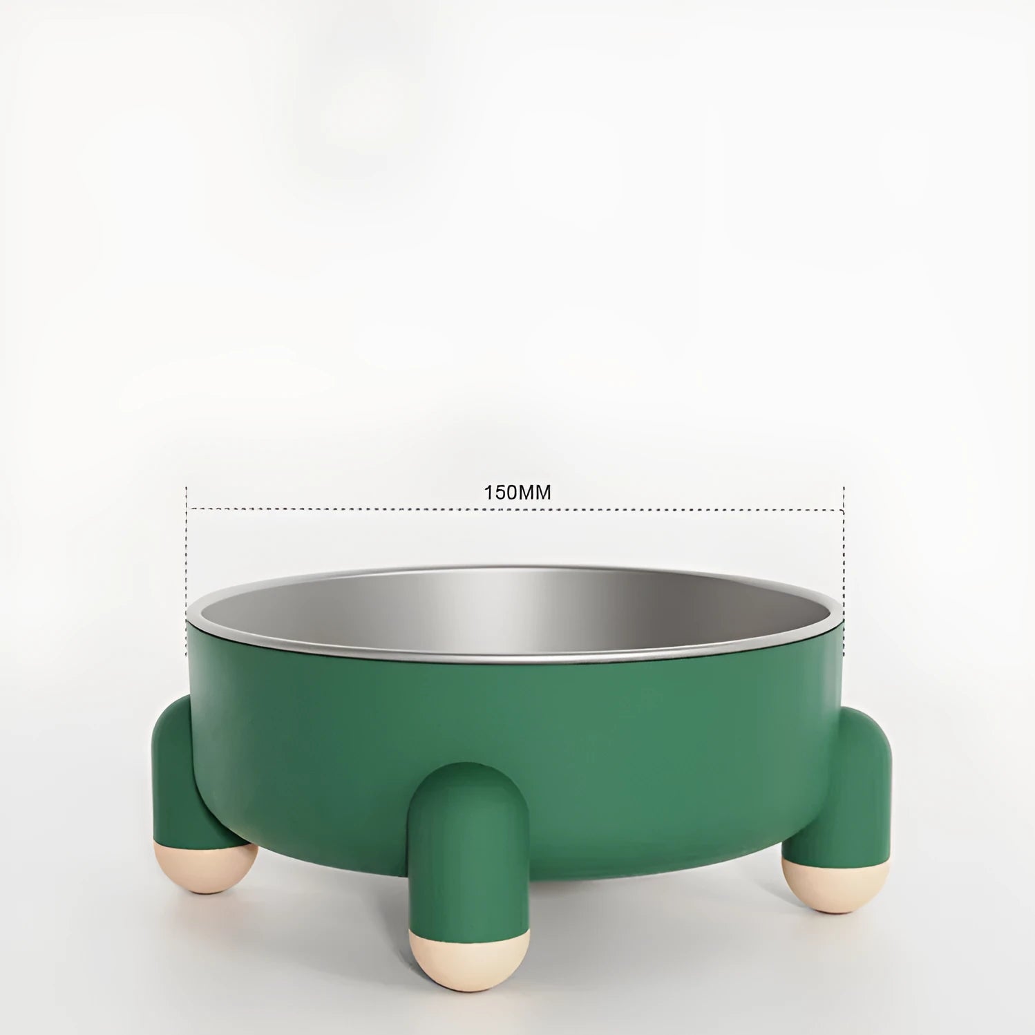 Stainless steel non-slip pet bowl with raised feet in green, pink, and white colour options.