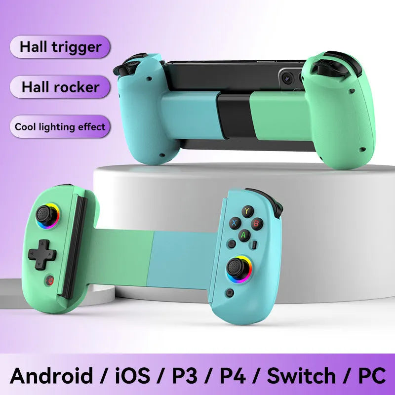 D8 Bluetooth gamepad extended to hold a tablet, showing black plastic body with coloured option highlights.